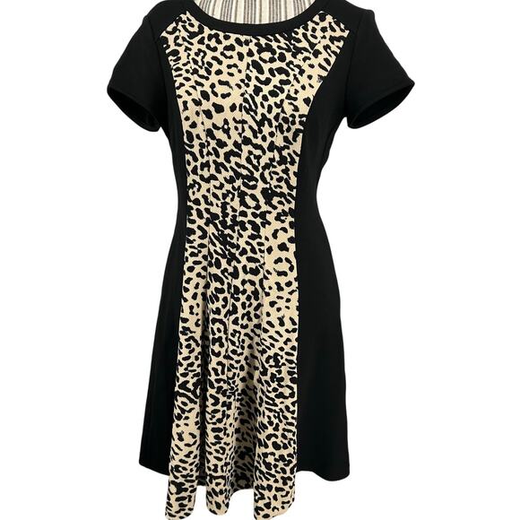 Sandra Darren Sheath Dress Women Size 10 Black Tan Leopard Animal Print on Front - Picture 1 of 8